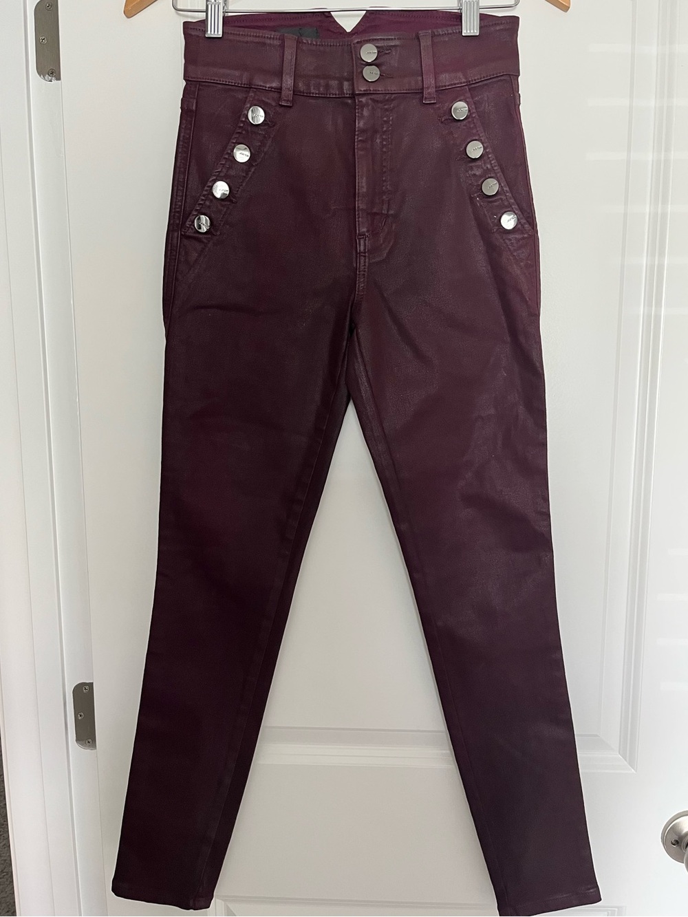 Joe’s Jeans High Rise Coated Denim Pants Fig Maroon Ankle Skinny Moto Sz 26 NWT